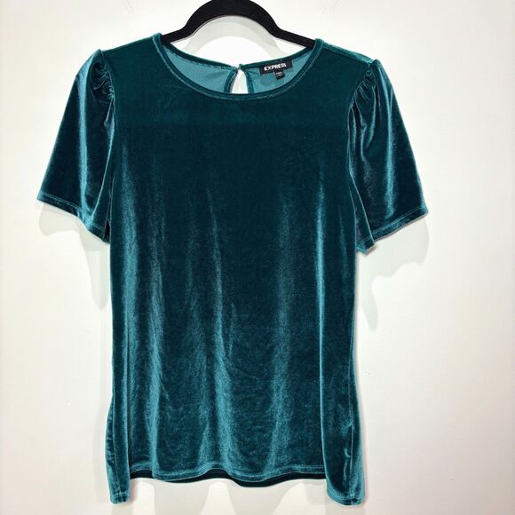 Express Teal Green Velvet Top Women L Short Sleeves Whimsigoth Fairy Romantic - Picture 1 of 7